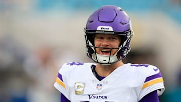 Minnesota Vikings quarterback Sam Darnold (14) smiles before an NFL football matchup Sunday, Nov. 10, 2024 at Everbank Stadium in Jacksonville, Fla. [Corey Perrine/Florida Times-Union]