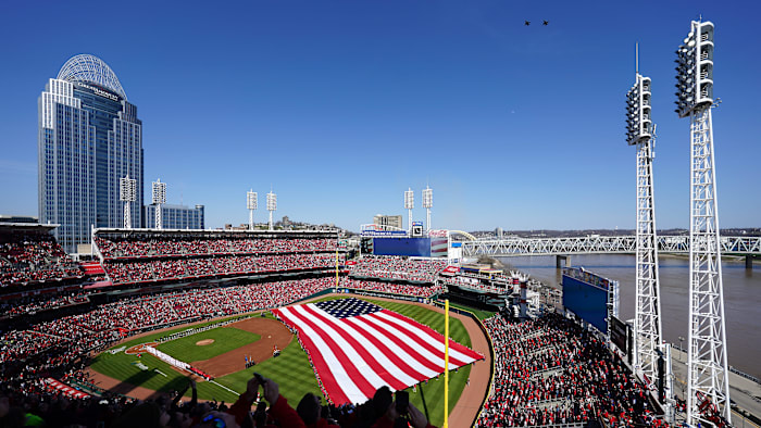 F-16 U.S. Air Force fighter jets fly over Great American Ball Park during the national anthem prior