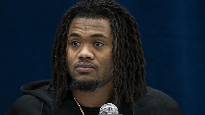 Texas running back Jaydon Blue talks to the press during the 2025 NFL Combine at the Indiana Convention Center. Texas running back Jaydon Blue talks to the press during the 2025 NFL Combine at the Indiana Convention Center.