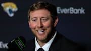 Liam Coen answers media questions after being introduced as the new Jacksonville Jaguars head coach.
