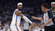 OKC Thunder's Shai Gilgeous-Alexander reacts after an official's call against the Timberwolves during the 2025 NBA Playoffs.