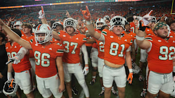 Aug 31, 2025; Miami Gardens, Florida, USA; The Miami Hurricanes react after defeating the Notre Dame Fighting Irish at Hard Rock Stadium. Mandatory Credit: Sam Navarro-Imagn Images