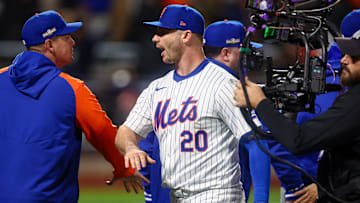 Oct 18, 2024; New York City, New York, USA; New York Mets first baseman Pete Alonso (20) celebrates with teammates after the game against the Los Angeles Dodgers game five of the NLCS for the 2024 MLB playoffs at Citi Field. Mandatory Credit: Vincent Carchietta-Imagn Images