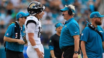 Jacksonville Jaguars quarterback Trevor Lawrence (16) talks with head coach Doug Pederson during the fourth quarter of an NFL football matchup Sunday, Sept. 15, 2024 at EverBank Stadium in Jacksonville, Fla. The Browns defeated the Jaguars 18-13. [Corey Perrine/Florida Times-Union]