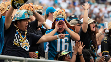 Jacksonville Jaguars super fan Doug Speed reacts to Jacksonville Jaguars wide receiver Brian Thomas Jr. (7) catch during the third quarter of an NFL football matchup Sunday, Sept. 15, 2024 at EverBank Stadium in Jacksonville, Fla. The Browns defeated the Jaguars 18-13.
