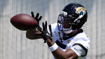 Jacksonville Jaguars wide receiver Dyami Brown (5) catches a pass during an NFL training camp session at the Miller Electric Center, Friday Aug. 15, 2025 in Jacksonville, Fla. [Corey Perrine/Florida Times-Union]