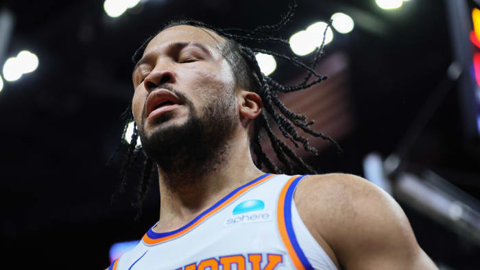 Apr 2, 2024; Miami, Florida, USA; New York Knicks guard Jalen Brunson (11) reacts after driving to