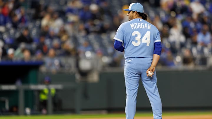 Apr 4, 2026: Kansas City Royals pitcher Eli Morgan (34) on the mound during the eighth inning against the Milwaukee Brewers at Kauffman Stadium. 