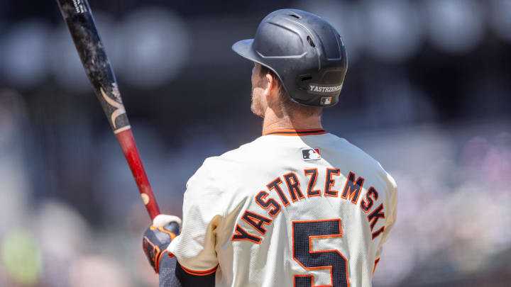 Jun 12, 2024; San Francisco, California, USA;  San Francisco Giants outfielder Mike Yastrzemski (5) up to bat during the eighth inning against the Houston Astros at Oracle Park