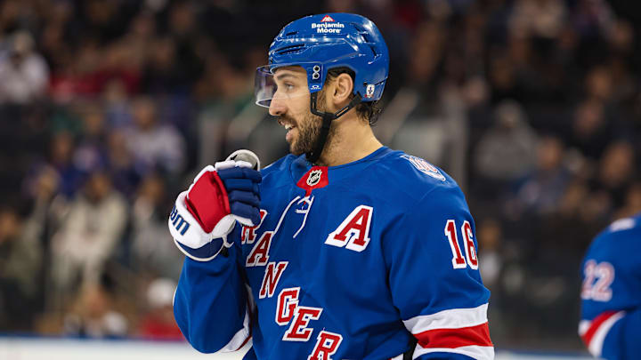 Apr 5, 2026; New York, New York, USA; New York Rangers center Vincent Trocheck (16) skates against the Washington Capitals during the second period at Madison Square Garden. 