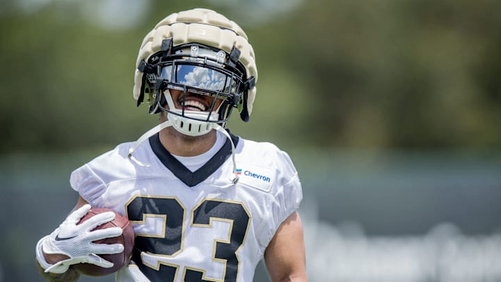 Jun 13, 2023; New Orleans, LA, USA;  New Orleans Saints cornerback Marshon Lattimore (23) during minicamp at the Ochsner Sports Performance Center. Mandatory Credit: Stephen Lew-Imagn Images