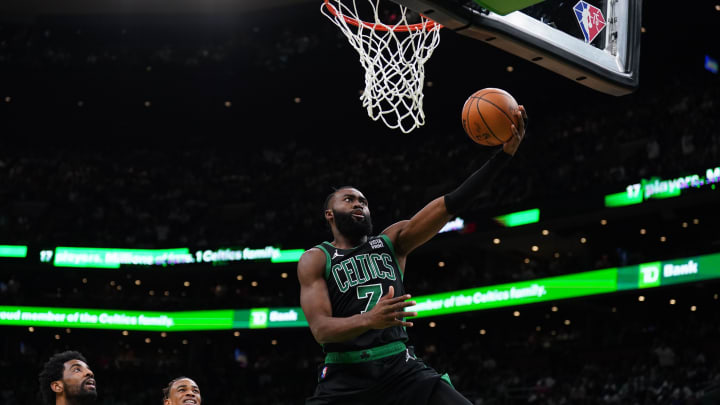 Apr 17, 2022; Boston, Massachusetts, USA; Boston Celtics guard Jaylen Brown (7) drives to the basket