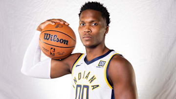 Sep 30, 2024; Indianapolis, IN, USA;  Indiana Pacers guard Bennedict Mathurin (00) poses for a photo during 2024 Media day.  Mandatory Credit: Trevor Ruszkowski-Imagn Images