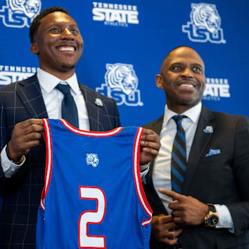 Tennessee State University Interim President Dwane Tucker (left) and TSU Athletic Director Dr. Mikkie Allen, introduced Nolan Smith as the school's men’s basketball coach, during a press conference in Nashville on Monday, July 21, 2025.