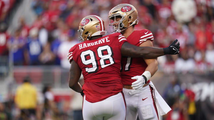 Sep 21, 2023; Santa Clara, California, USA; San Francisco 49ers defensive tackle Javon Hargrave (98) is congratulated by defensive end Nick Bosa (97) after recording a sack against the New York Giants in the second quarter at Levi's Stadium. Mandatory Credit: Cary Edmondson-USA TODAY Sports