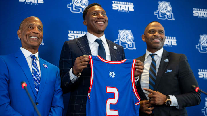 Tennessee State University Interim President Dwane Tucker (left) and TSU Athletic Director Dr. Mikkie Allen, introduced Nolan Smith as the school's men’s basketball coach, during a press conference in Nashville on Monday, July 21, 2025.