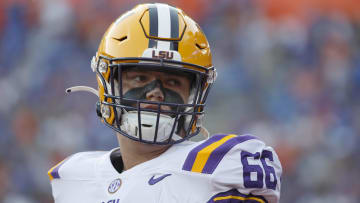 Oct 15, 2022; Gainesville, Florida, USA; LSU Tigers offensive lineman Will Campbell (66) against the Florida Gators prior to the game at Ben Hill Griffin Stadium. Mandatory Credit: Kim Klement-USA TODAY Sports