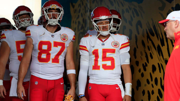 Kansas City Chiefs quarterback Patrick Mahomes (15) looks on next to tight end Travis Kelce (87) before a preseason NFL football game Saturday, Aug. 10, 2024 at EverBank Stadium in Jacksonville, Fla. The Jacksonville Jaguars defeated the Kansas City Chiefs 26-13. [Corey Perrine/Florida Times-Union]