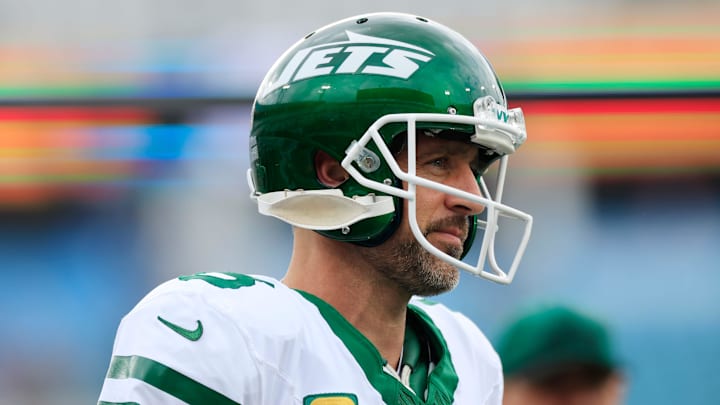 New York Jets quarterback Aaron Rodgers (8) looks on before an NFL football matchup Sunday, Dec. 15, 2024 at EverBank Stadium in Jacksonville, Fla. [Corey Perrine/Florida Times-Union]