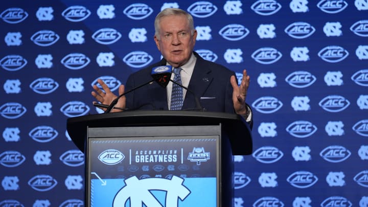 Jul 25, 2024; Charlotte, NC, USA;  UNC Tar Heels head coach Mack Brown speaks to the media during the ACC Kickoff at Hilton Charlotte Uptown. 