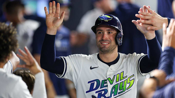 Sep 20, 2025; Tampa, Florida, USA; Tampa Bay Rays catcher Nick Fortes (40) reacts after scoring a run against the Boston Red Sox in the seventh inning at George M. Steinbrenner Field. Mandatory Credit: Nathan Ray Seebeck-Imagn Images