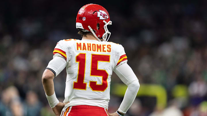 Feb 9, 2025; New Orleans, LA, USA; Detailed view of the jersey of Kansas City Chiefs quarterback Patrick Mahomes (15) against the Philadelphia Eagles in Super Bowl LIX at Ceasars Superdome. Mandatory Credit: Mark J. Rebilas-Imagn Images