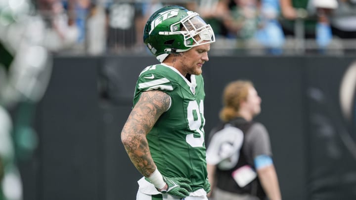 Aug 17, 2024; Charlotte, North Carolina, USA; New York Jets defensive end Braiden McGregor (91) during the first quarter against the Carolina Panthers at Bank of America Stadium. 