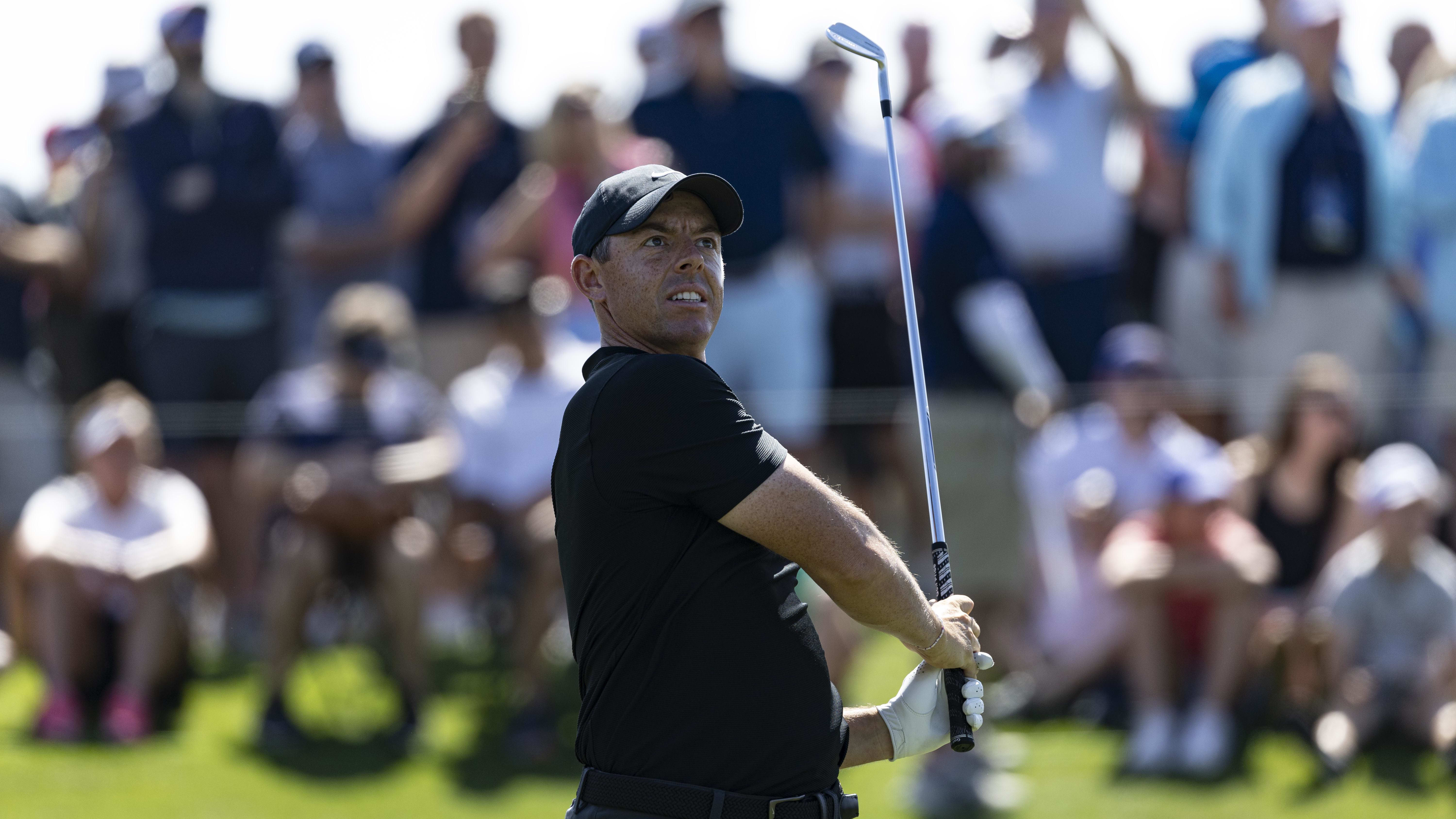 Rory McIlroy plays from the 3rd tee during the first round of the 2024 Players Championship.