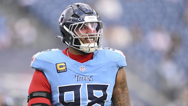 Dec 28, 2025; East Rutherford, New Jersey, USA; Tennessee Titans defensive tackle Jeffery Simmons (98) warms up prior to the game against the New Orleans Saints at MetLife Stadium. Mandatory Credit: Steve Roberts-Imagn Images