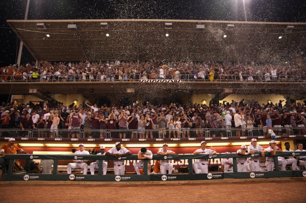 Texas A&M Aggies fans celebrate a 4-2 win against the Texas Longhorns during the second round in the NCAA Tournament.