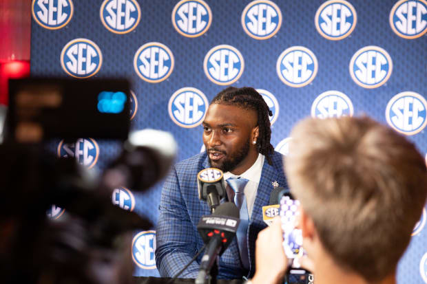 Jul 18, 2024; Dallas, TX, USA; Texas A&M defensive lineman Shemar Turner speaks to the media at Omni Dallas Hotel. 