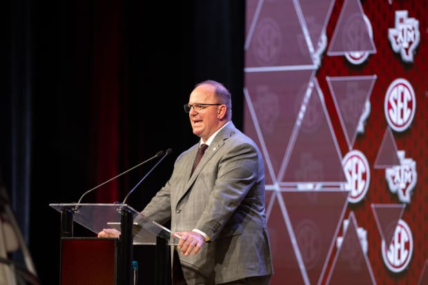 Jul 18, 2024; Dallas, TX, USA; Texas A&M head coach Mike Elko speaking at Omni Dallas Hotel. 