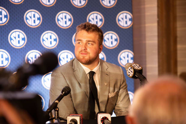 Jul 18, 2024; Dallas, TX, USA; Texas A&M offensive lineman Trey Zuhn III speaks to the media at Omni Dallas Hotel. 