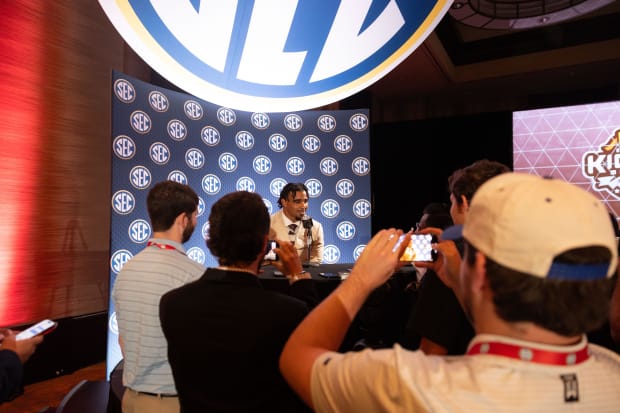 Jul 18, 2024; Dallas, TX, USA; Texas A&M linebacker Taurean York speaks to the media at Omni Dallas Hotel. 