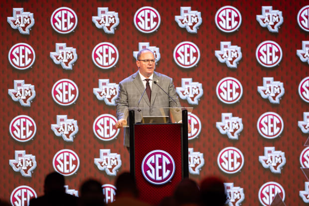 Jul 18, 2024; Dallas, TX, USA; Texas A&M head coach Mike Elko speaking at Omni Dallas Hotel. 