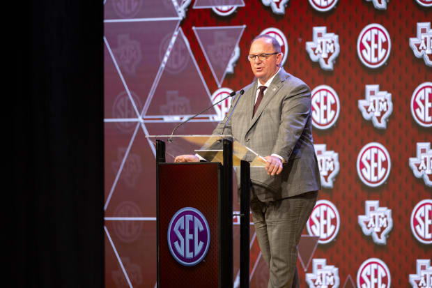 Jul 18, 2024; Dallas, TX, USA; Texas A&M head coach Mike Elko speaking at Omni Dallas Hotel.