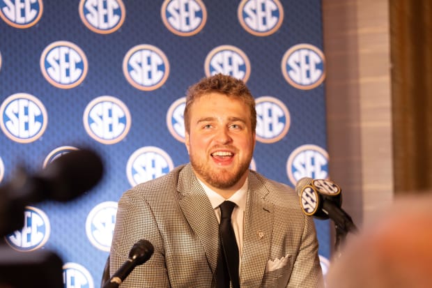 Jul 18, 2024; Dallas, TX, USA; Texas A&M offensive lineman Trey Zuhn III speaks to the media at Omni Dallas Hotel. 