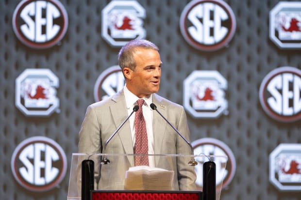 Jul 15, 2024; Dallas, TX, USA; South Carolina head coach Shane Beamer speaking to the media at Omni Dallas Hotel. 