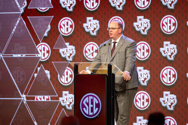 Jul 18, 2024; Dallas, TX, USA; Texas A&M head coach Mike Elko speaking at Omni Dallas Hotel. 