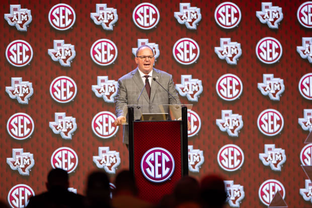 Jul 18, 2024; Dallas, TX, USA; Texas A&M head coach Mike Elko speaking at Omni Dallas Hotel. 