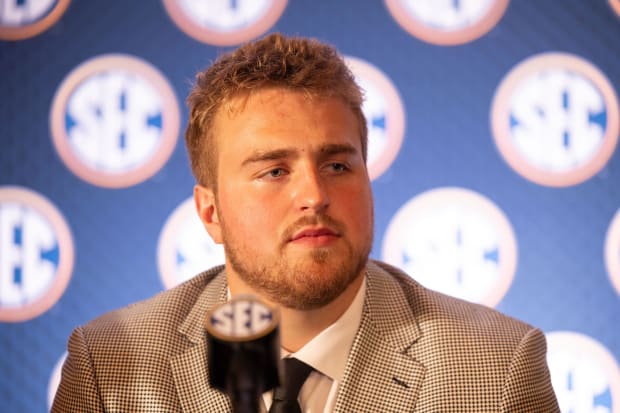 Texas A&M offensive lineman Trey Zuhn III speaks to the media at Omni Dallas Hotel.