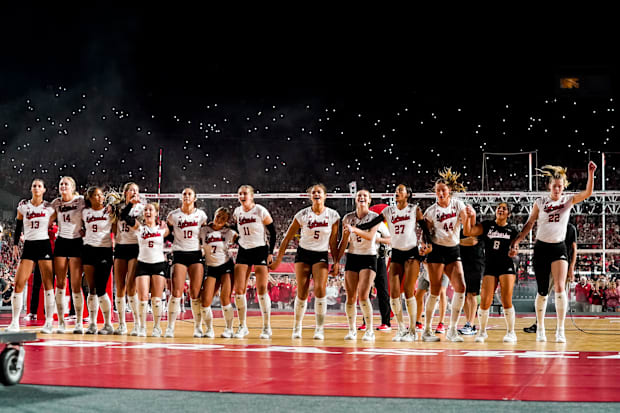 The Nebraska Cornhuskers celebrate during a presentation after defeating the Omaha Mavericks at Memorial Stadium.