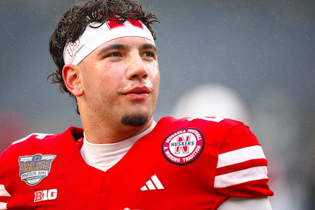Nebraska Cornhuskers quarterback Dylan Raiola (15) looks on before the game against the Boston College Eagles.