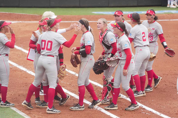 The Nebraska celebrates a double game during a super regional NCAA game between Tennessee and Nebraska.