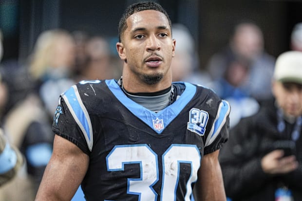 Carolina Panthers running back Chuba Hubbard after his game-winning touchdown against the Arizona Cardinals