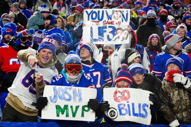 Jan 19, 2025; Orchard Park, New York, USA; Buffalo Bills fans cheer during the third quarter against the Baltimore Ravens