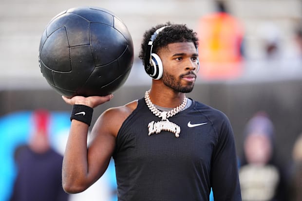 Nov 29, 2024; Boulder, Colorado, USA; Colorado Buffaloes quarterback Shedeur Sanders (2) before the game against the Oklahoma