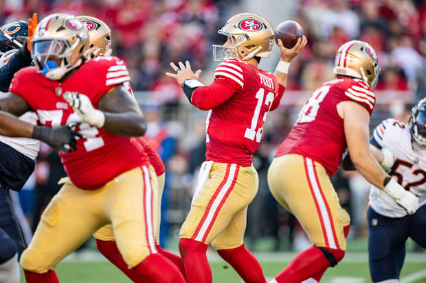 San Francisco 49ers quarterback Brock Purdy (13) throws a pass during the second quarter against the Chicago Bears