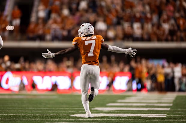 Texas Longhorns cornerback Jahdae Barron celebrates an interception in the first quarter against the Georgia Bulldogs
