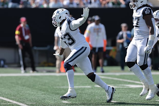 Dallas Cowboys defensive end James Houston reacts after a sack against the New York Jets. 